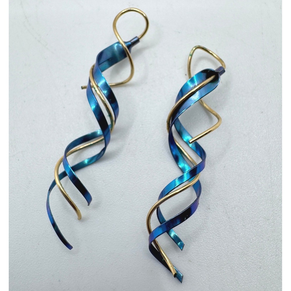 Blue Anodized Titanium Gold Tone Double Helix Spiral Drop Earrings Artisan Fairy